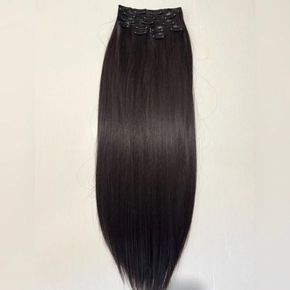 Human Hair Blend Clip-In Extensions | Long Straight Silky Hair | Dark Brown #3 - Picture 11 of 12